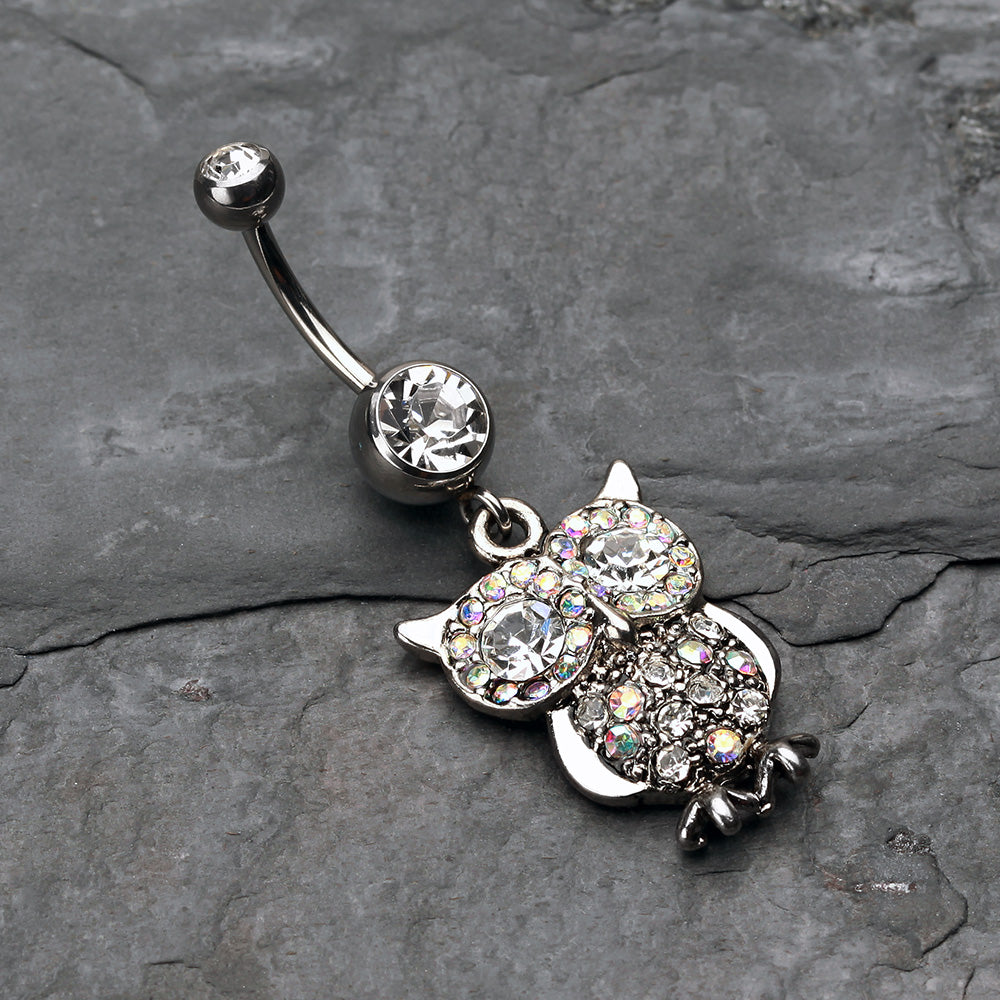 Detail View 2 of Jeweled Sparkling Owl Dangle Belly Ring-Clear Gem