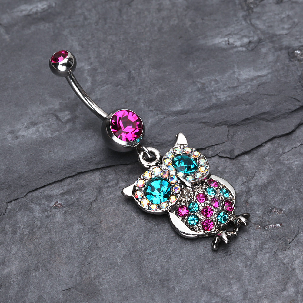 Detail View 2 of Jeweled Sparkling Owl Dangle Belly Ring-Fuchsia