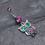 Detail View 2 of Jeweled Sparkling Owl Dangle Belly Ring-Fuchsia