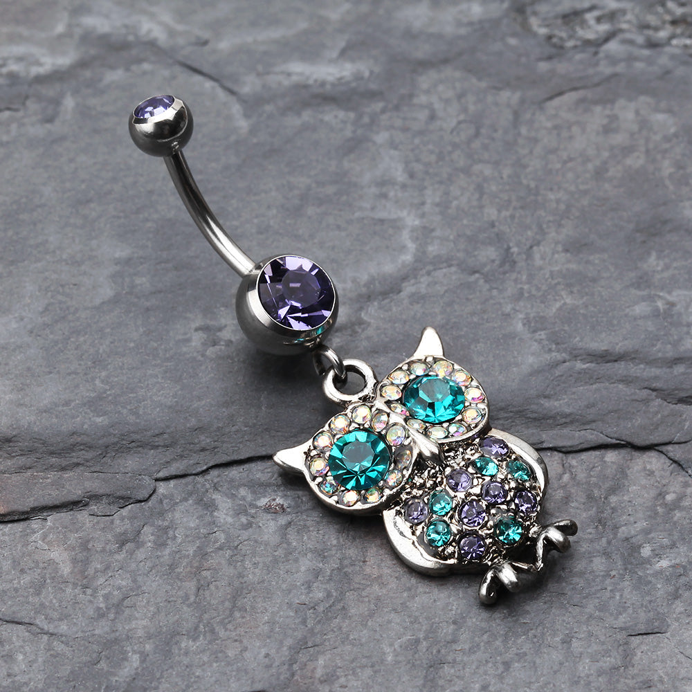 Detail View 2 of Jeweled Sparkling Owl Dangle Belly Ring-Tanzanite