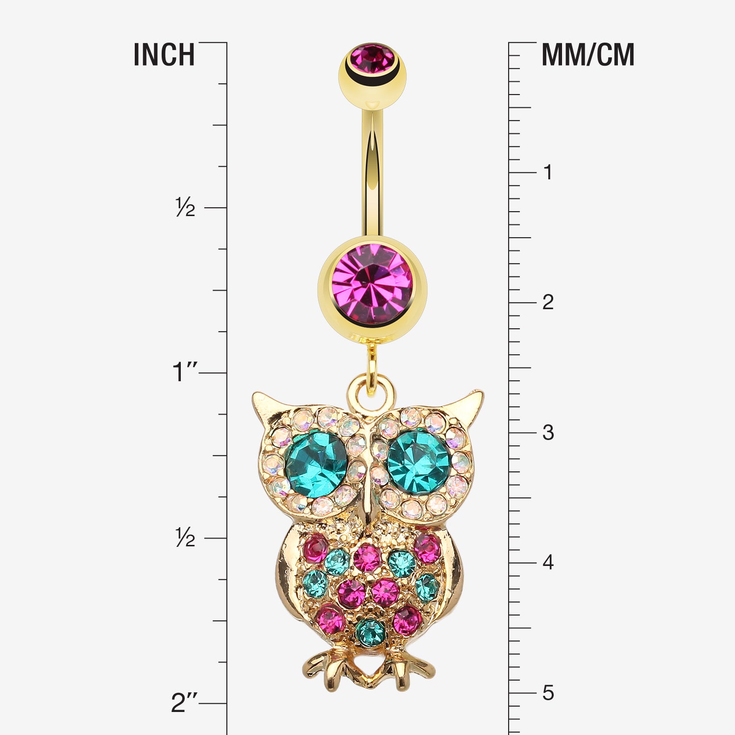 Detail View 1 of Golden Owl Sparkle Belly Ring-Fuchsia