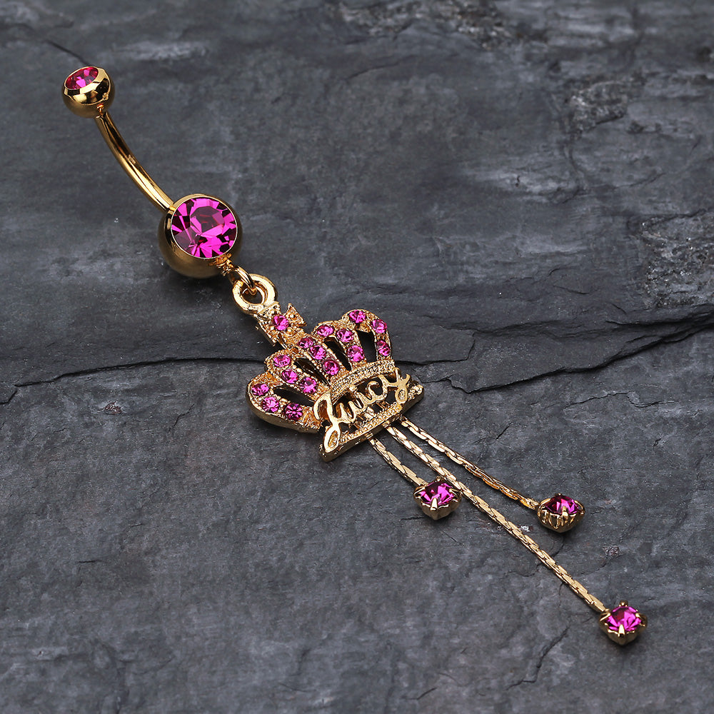 Detail View 2 of Golden Juicy Crown Sparkle Belly Ring-Fuchsia