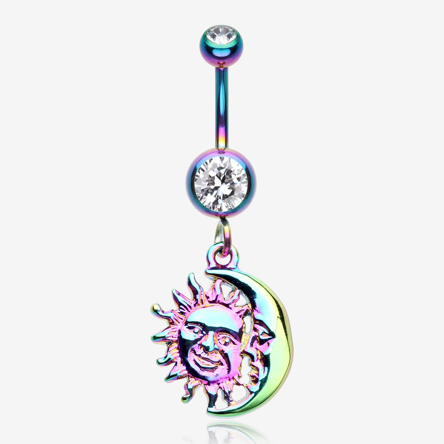 Rainbow Sun & Moon Union of Opposites Belly Button Ring-Clear Gem
