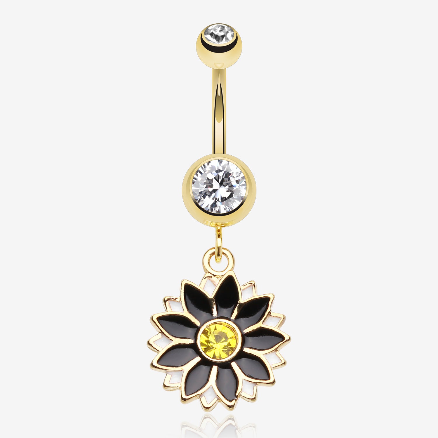 Golden Daisy Blossom Flower Belly Button Ring-Clear Gem/Black