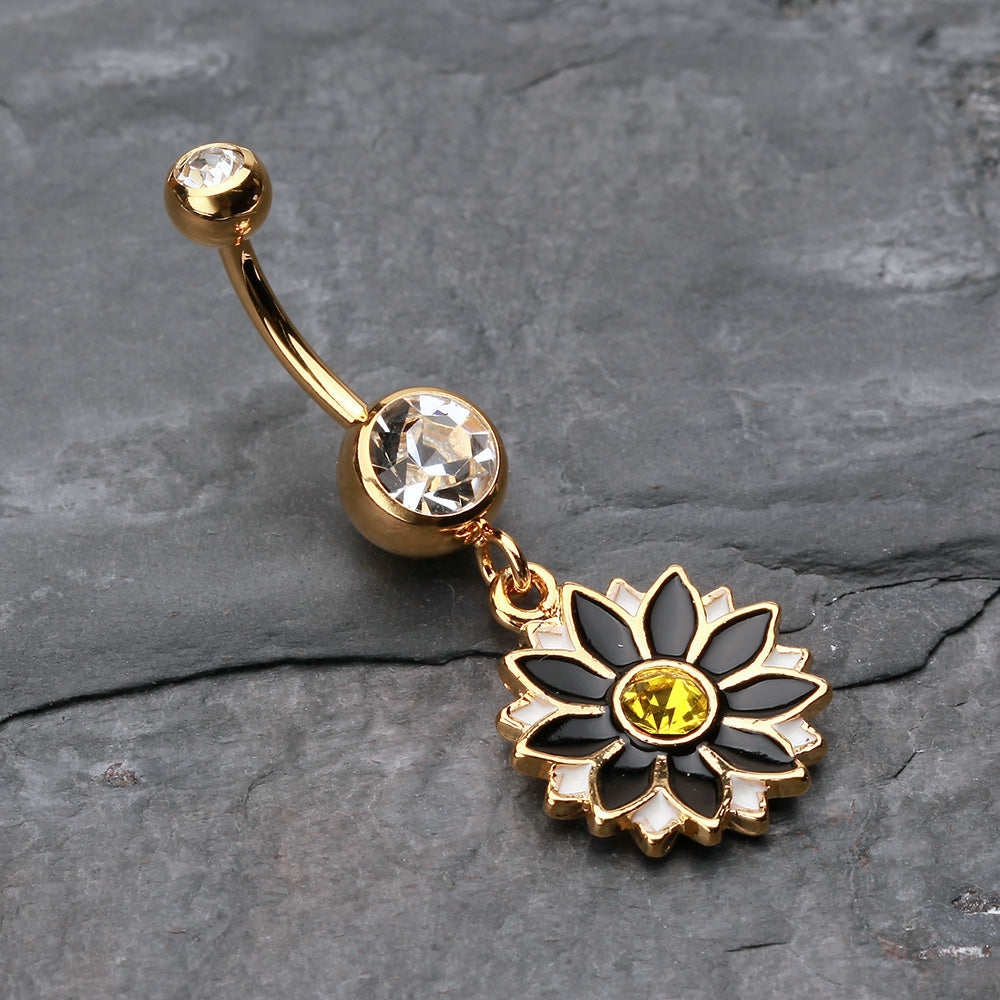 Detail View 2 of Golden Daisy Blossom Flower Belly Button Ring-Clear Gem/Black