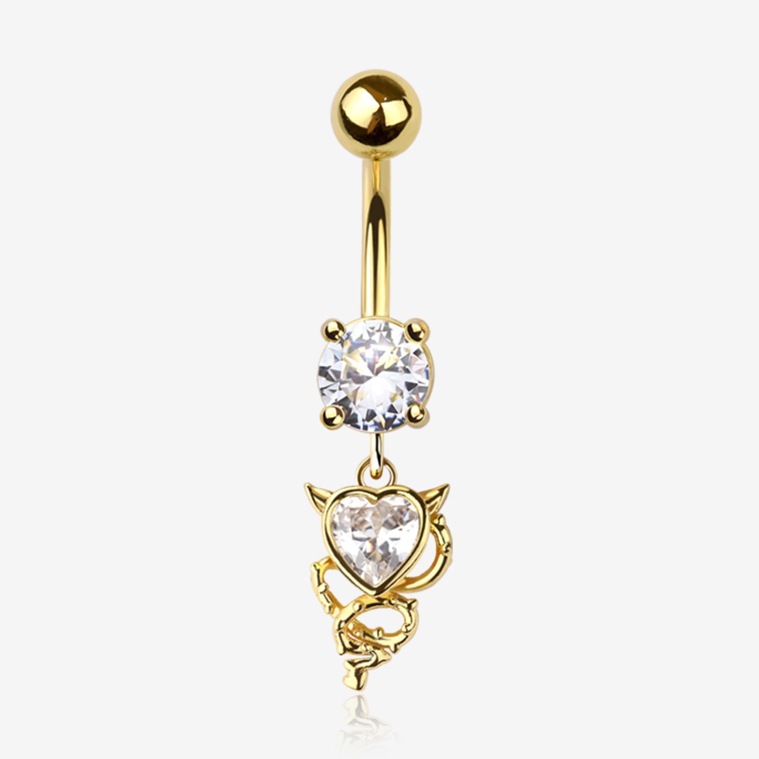 Golden Tailed Devil's Heart Sparkle Dangle Belly Button Ring-Clear Gem