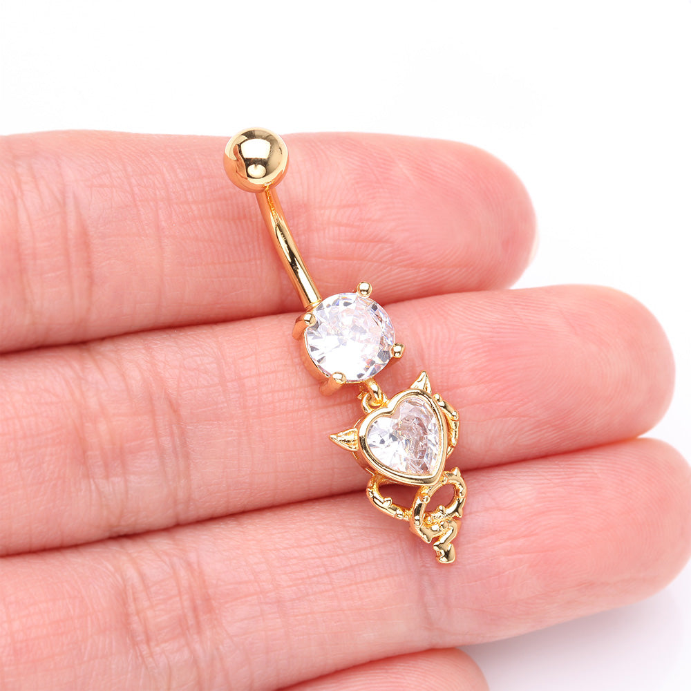 Detail View 3 of Golden Tailed Devil's Heart Sparkle Dangle Belly Button Ring-Clear Gem