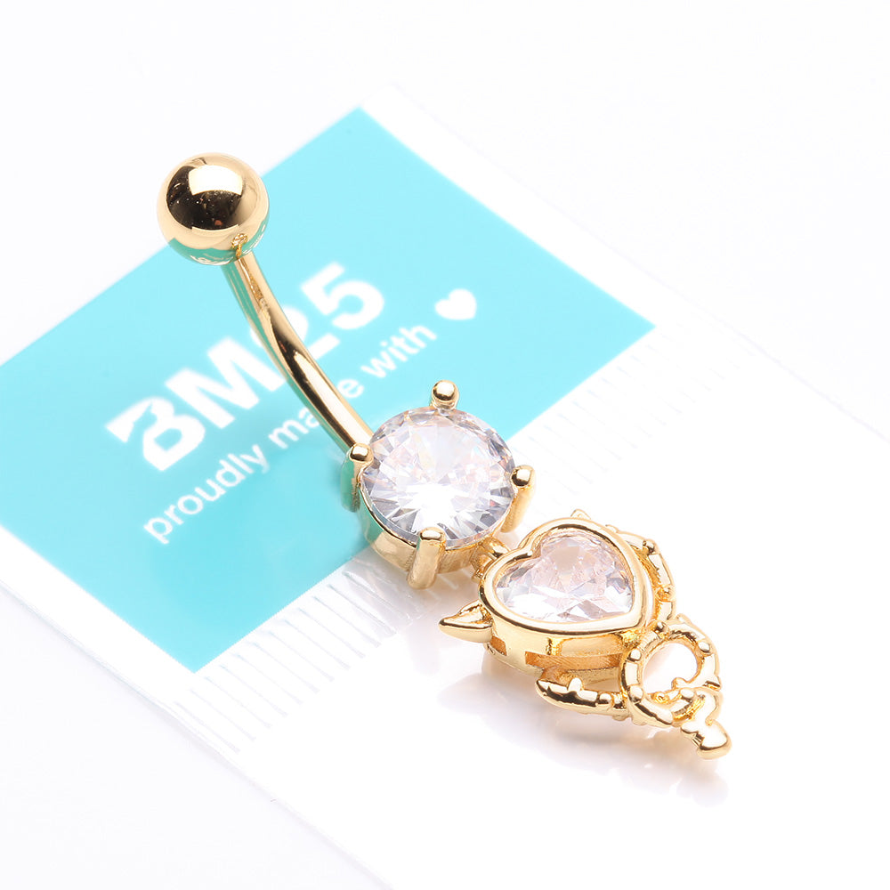 Detail View 4 of Golden Tailed Devil's Heart Sparkle Dangle Belly Button Ring-Clear Gem