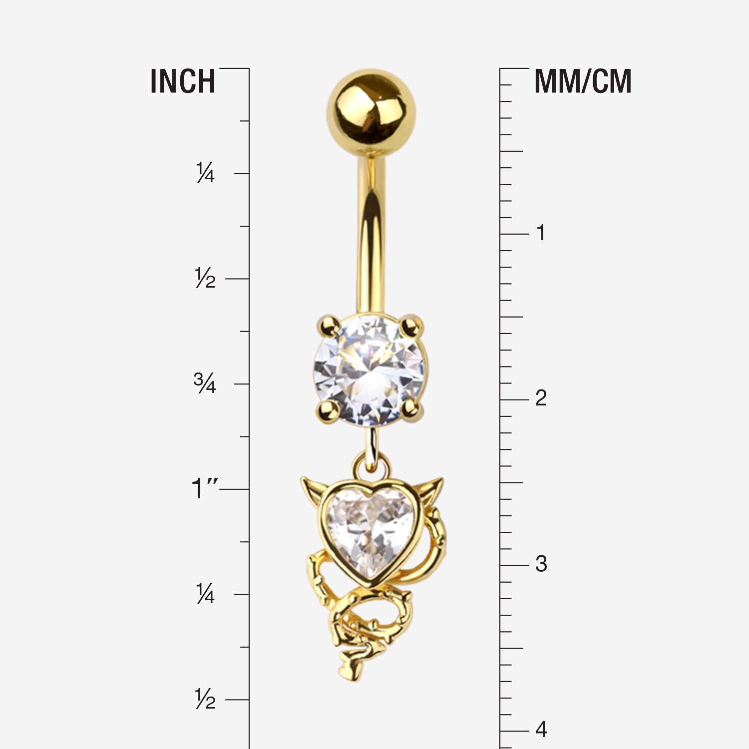 Detail View 1 of Golden Tailed Devil's Heart Sparkle Dangle Belly Button Ring-Clear Gem