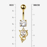 Detail View 1 of Golden Tailed Devil's Heart Sparkle Dangle Belly Button Ring-Clear Gem