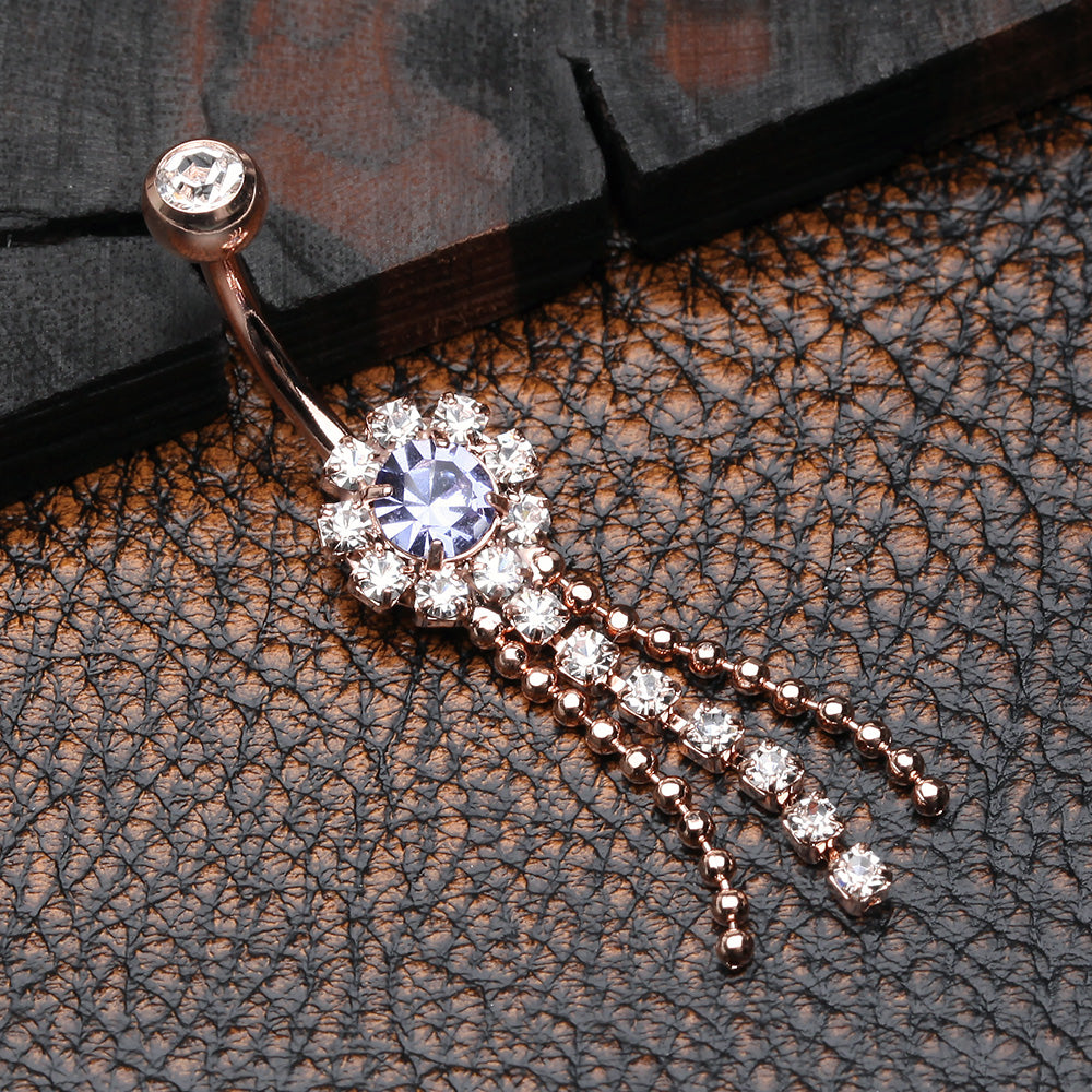 Detail View 2 of Rose Gold Wonder Sparkle Falls Chandelier Belly Button Ring-Clear Gem/Tanzanite