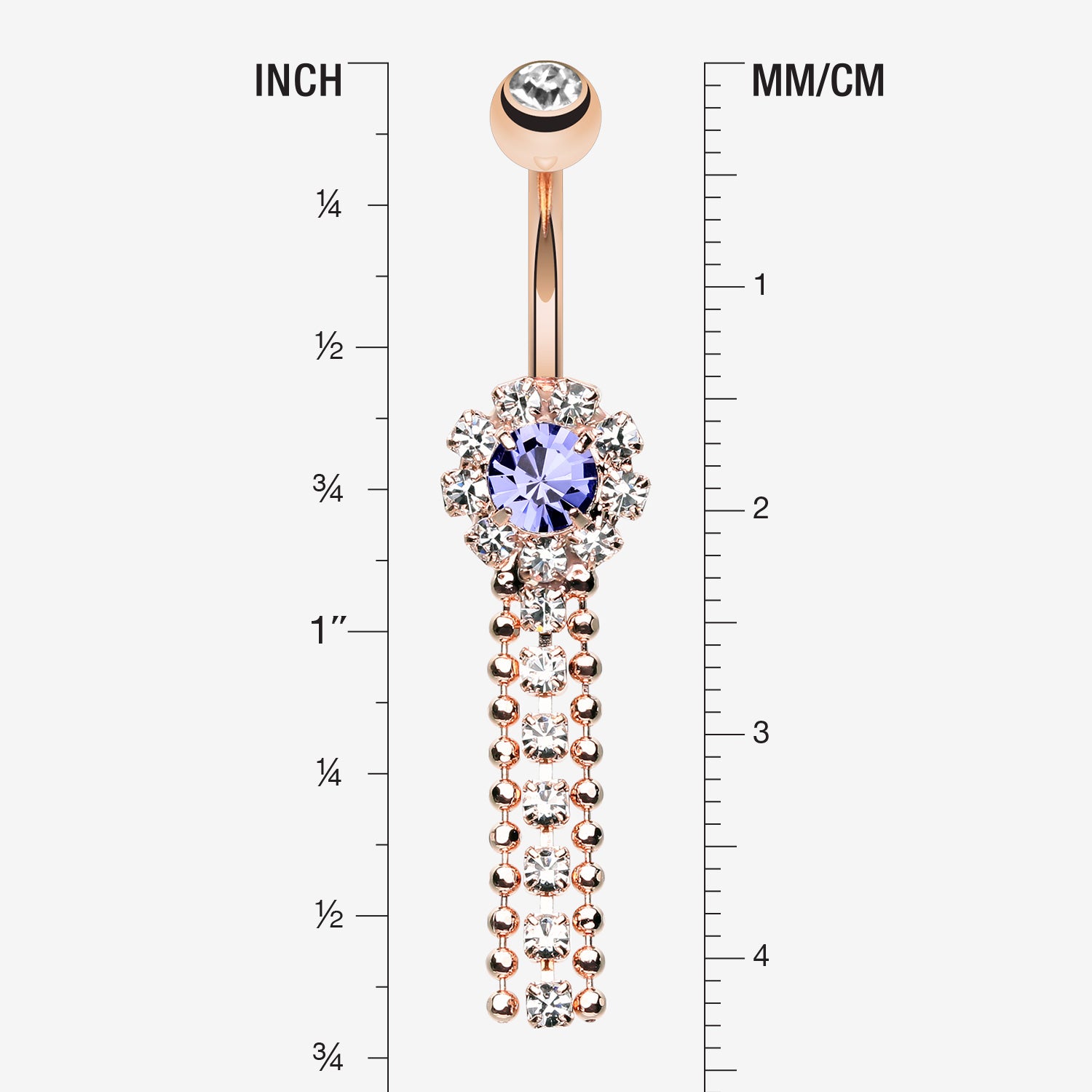 Detail View 1 of Rose Gold Wonder Sparkle Falls Chandelier Belly Button Ring-Clear Gem/Tanzanite