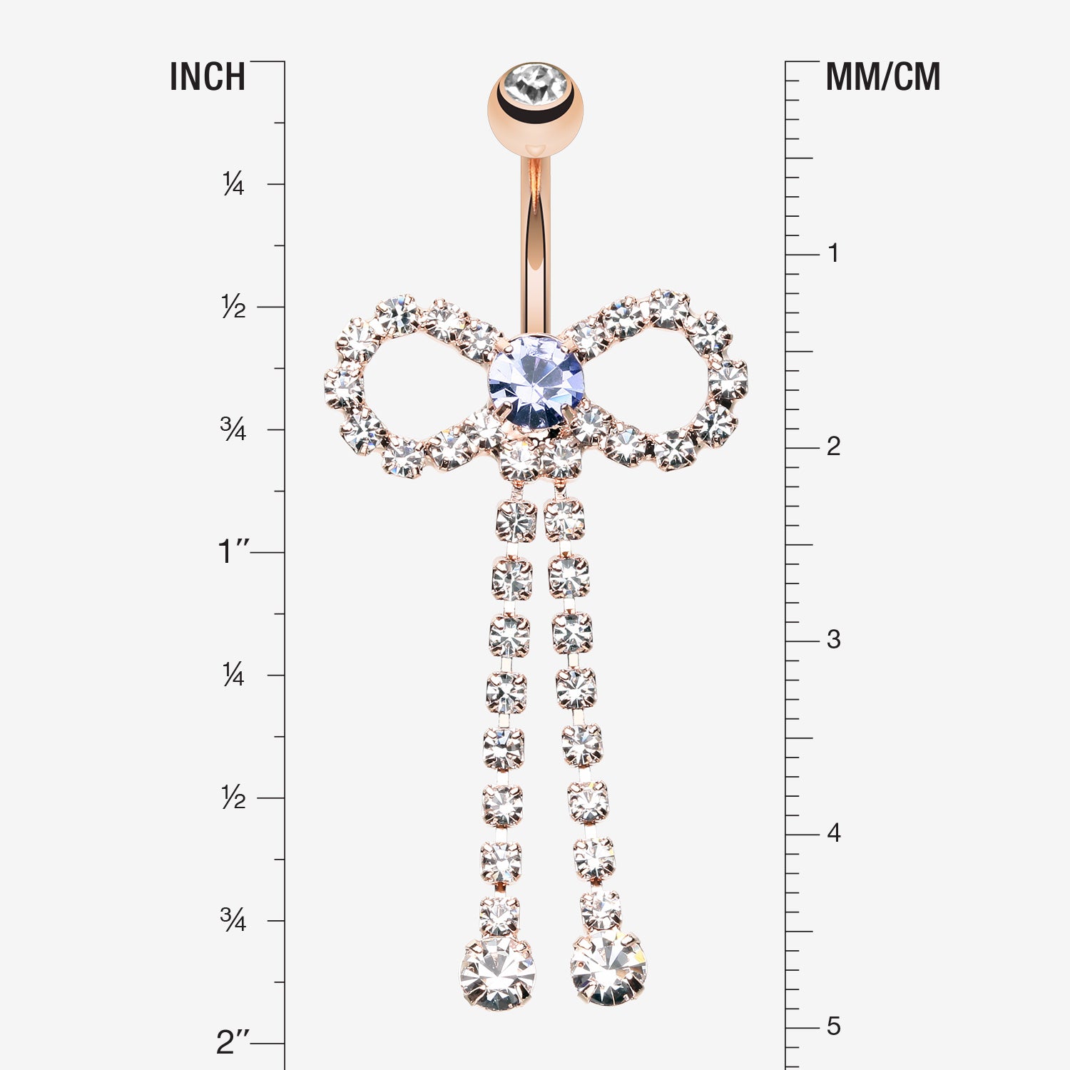 Detail View 1 of Rose Gold Radiant Sparkles Bow-Tie Belly Button Ring-Clear Gem/Tanzanite