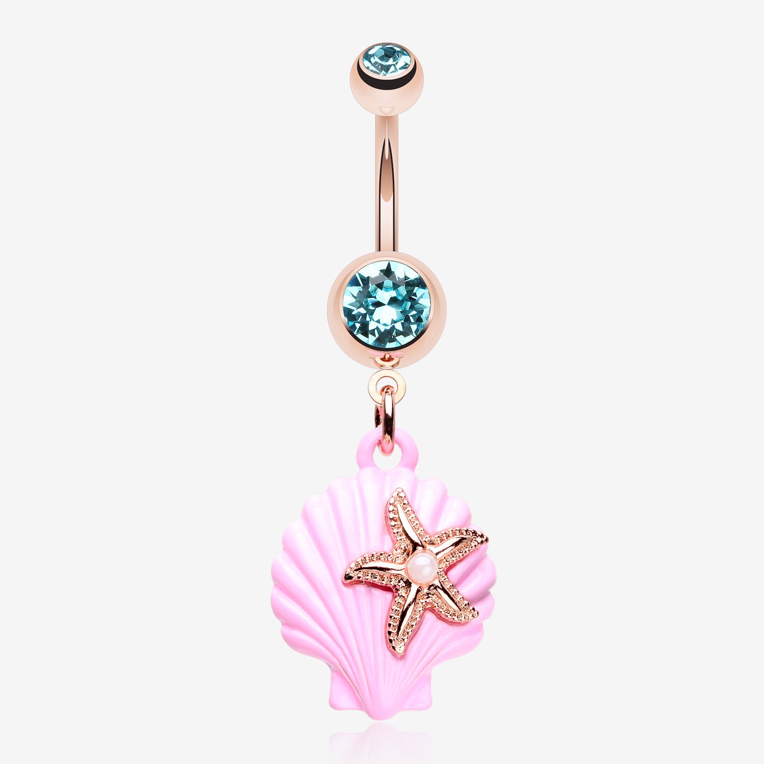 Rose Gold Pastel Sparkle Ariel's Shell with Starfish Belly Button Ring-Aqua/Aurora Borealis
