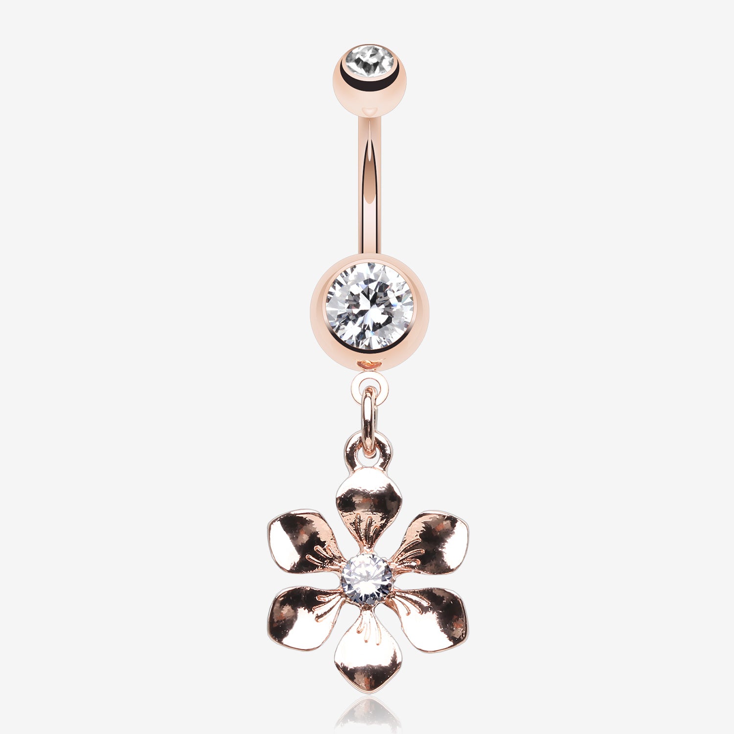 Rose Gold Spring Wild Flower Belly Button Ring-Clear Gem