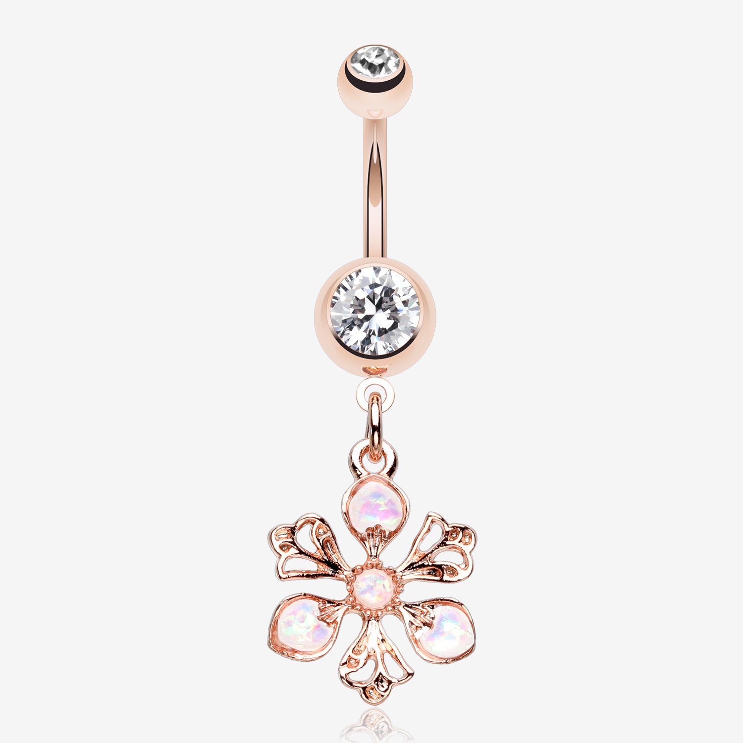 Rose Gold Opalescent Spring Wild Flower Belly Button Ring-Clear Gem/White