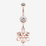 Rose Gold Opalescent Spring Wild Flower Belly Button Ring-Clear Gem/White