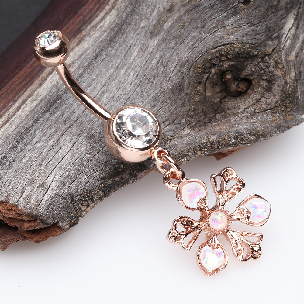 Detail View 2 of Rose Gold Opalescent Spring Wild Flower Belly Button Ring-Clear Gem/White