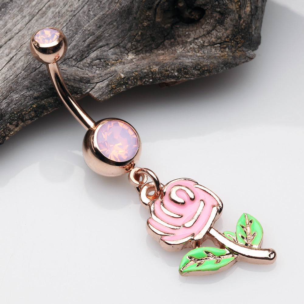 Detail View 2 of Rose Gold Vintage Pink Rose Flower Sparkle Belly Button Ring-Rose Quartz