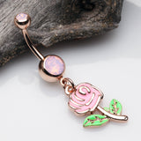 Detail View 2 of Rose Gold Vintage Pink Rose Flower Sparkle Belly Button Ring-Rose Quartz