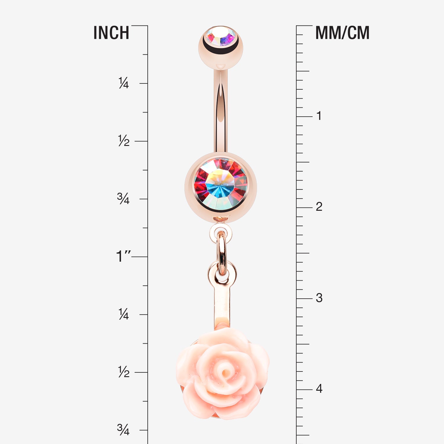 Detail View 1 of Rose Gold Sweet Pink Rose Blossom Belly Button Ring-Aurora Borealis