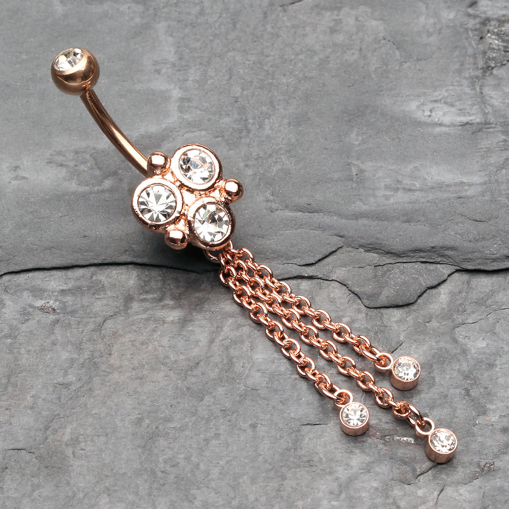 Detail View 2 of Rose Gold Trinity Sparkle Dangle Belly Button Ring-Clear Gem