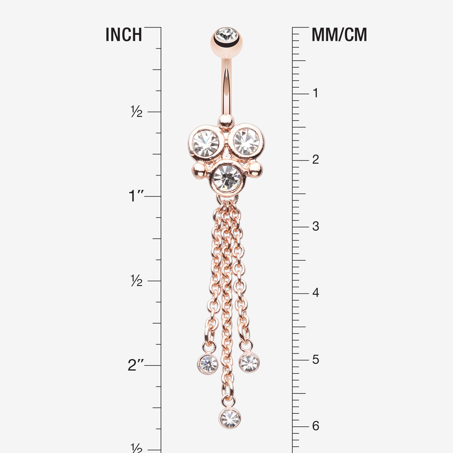 Detail View 1 of Rose Gold Trinity Sparkle Dangle Belly Button Ring-Clear Gem