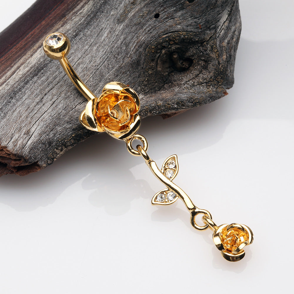 Detail View 2 of Golden Bright Metal Rose Belly Button Ring-Clear Gem