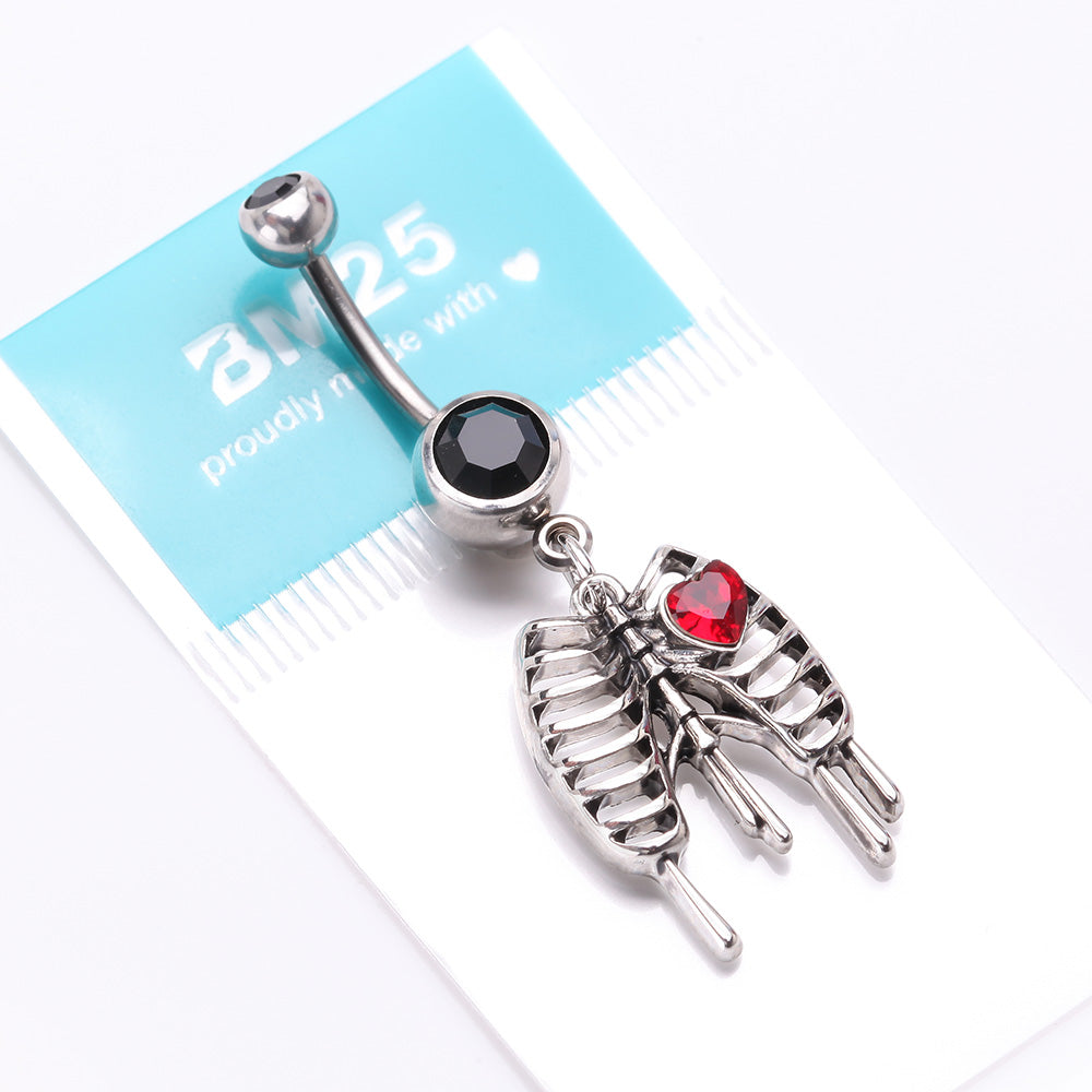 Detail View 4 of Dripping Ribcage Skeleton Heart Sparkle Belly Button Ring
