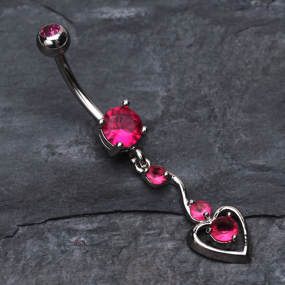 Detail View 2 of Dainty Dangled Heart Belly Button Ring-Fuchsia