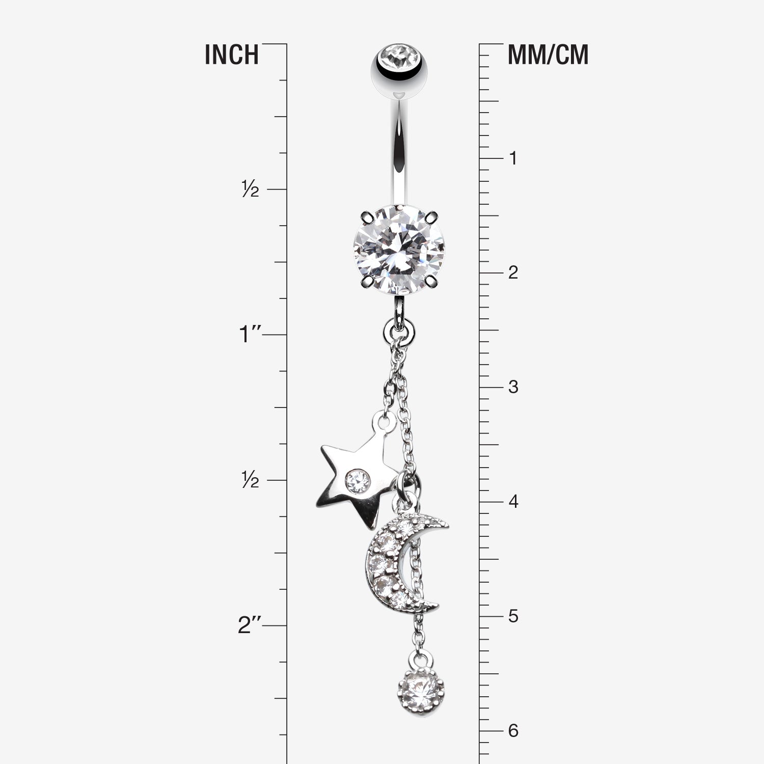Detail View 1 of Wishing Star with Moon Belly Button Ring-Clear Gem
