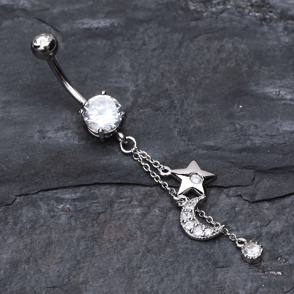 Detail View 2 of Wishing Star with Moon Belly Button Ring-Clear Gem