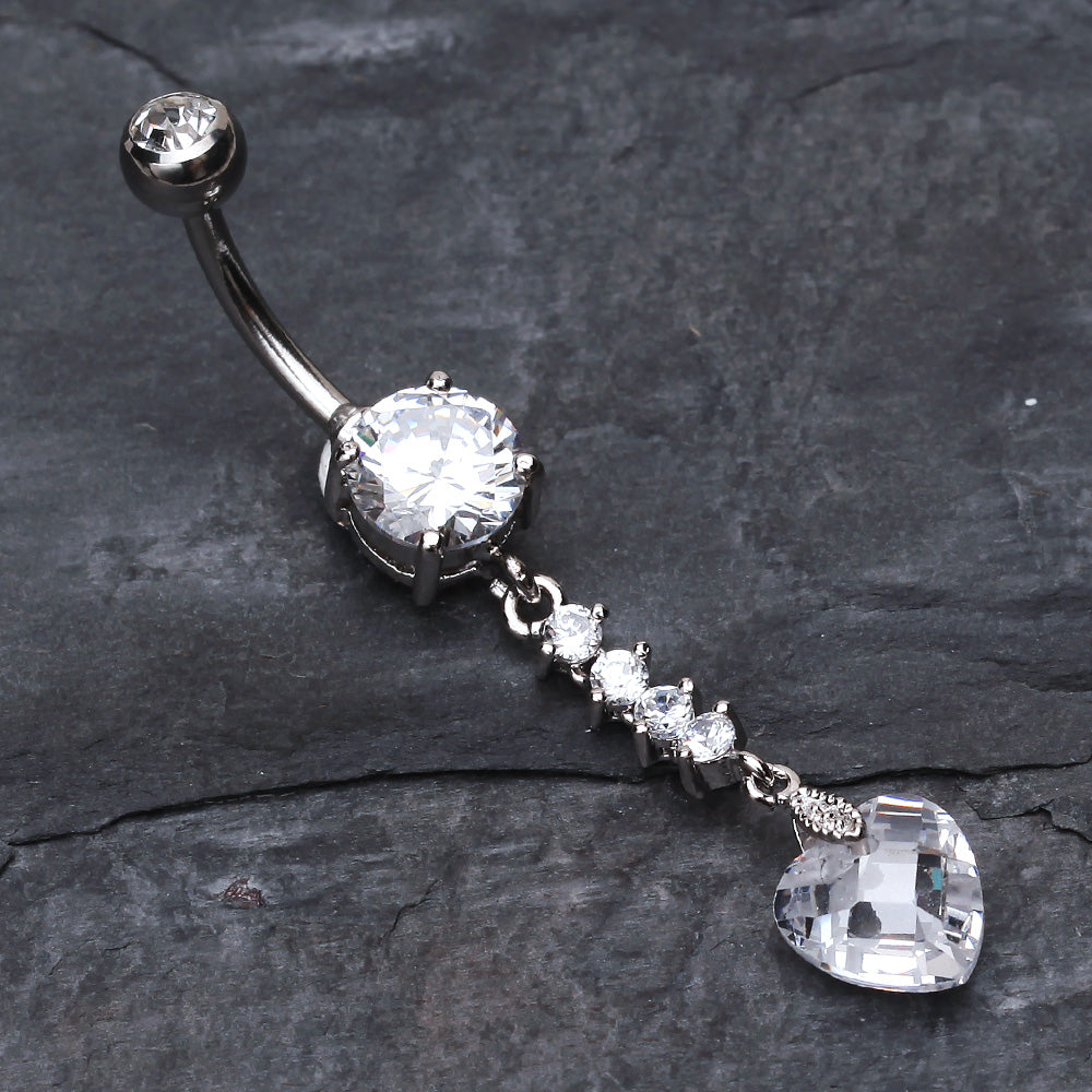 Detail View 2 of Heart Droplet Belly Button Ring-Clear Gem