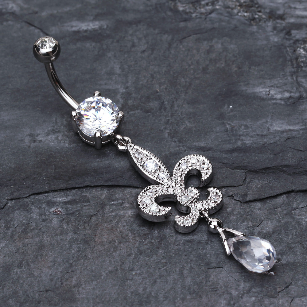 Detail View 2 of Glistening Fleur De Lis Belly Button Ring-Clear Gem