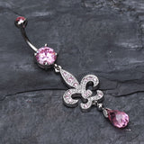 Detail View 2 of Glistening Fleur De Lis Belly Button Ring-Pink