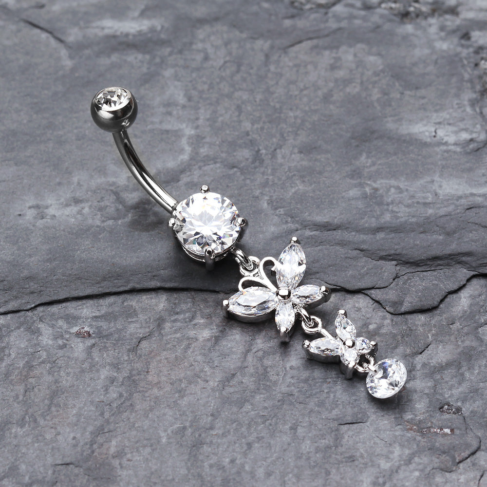 Detail View 2 of Double Glam Butterfly Belly Button Ring-Clear Gem