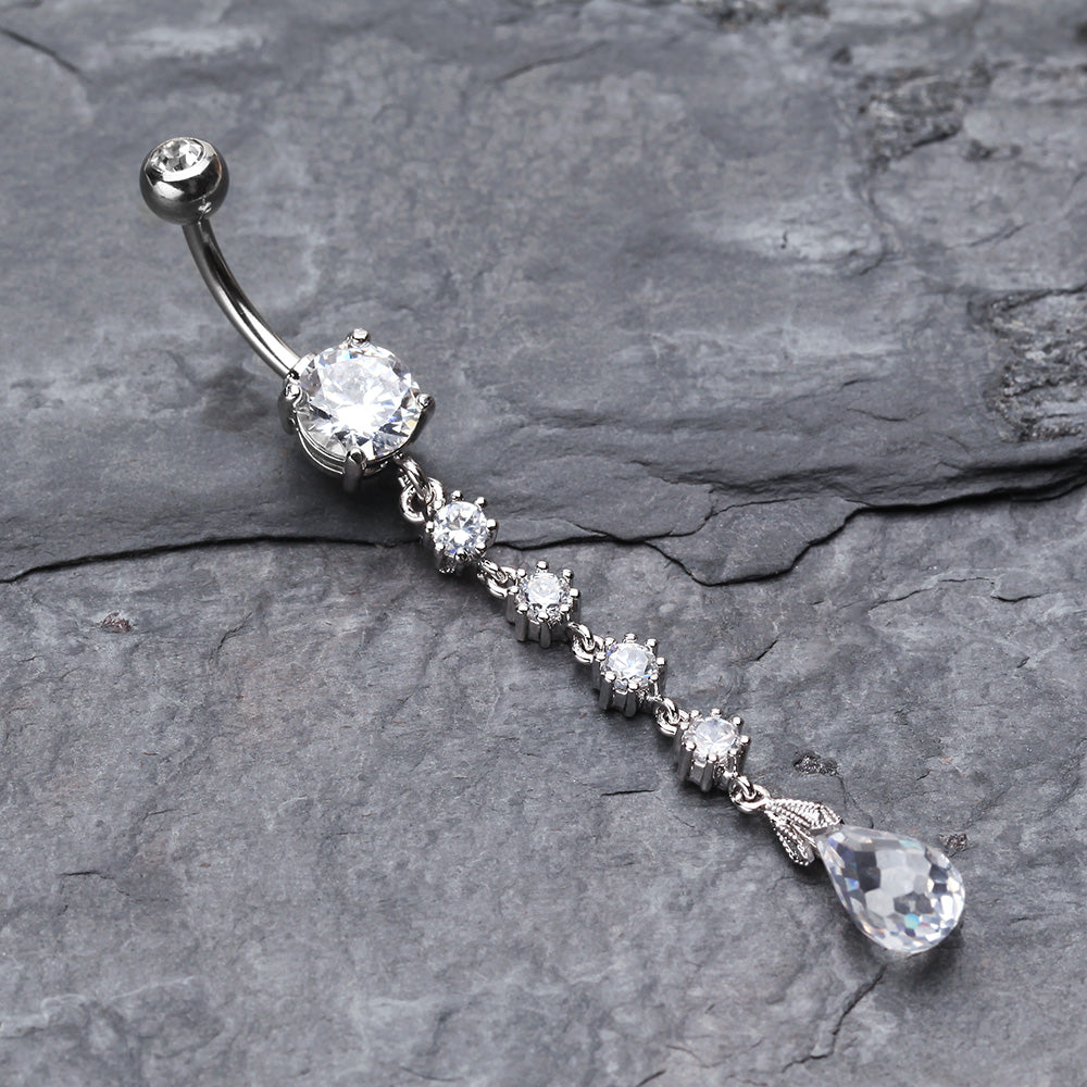 Detail View 2 of Opulent Crystalline Droplets Belly Button Ring -Clear Gem