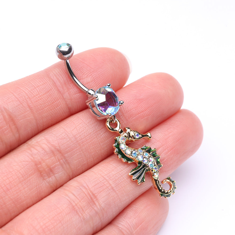 Detail View 3 of Glam Seahorse Sparkle Dazzle Belly Button Ring-Aqua/Aurora Borealis