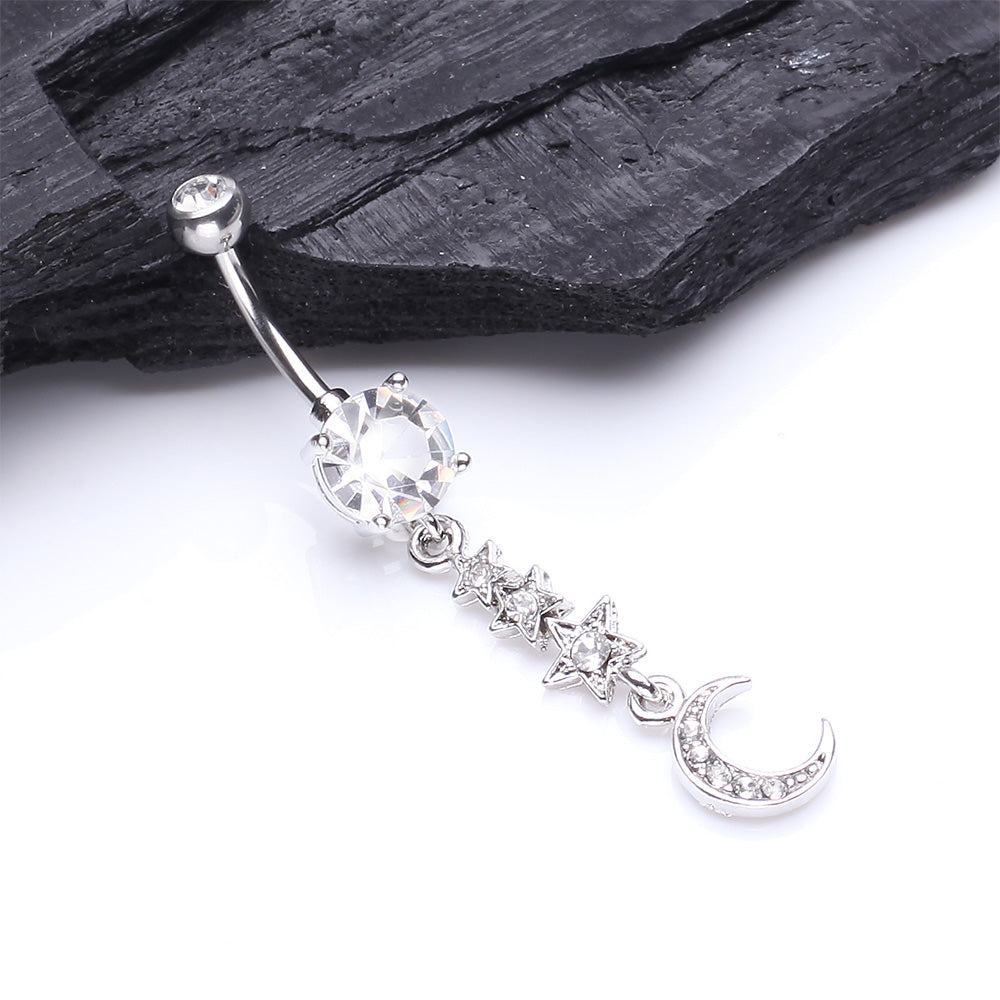 Detail View 2 of Beaming Stars and Moon Belly Button Ring-Clear Gem