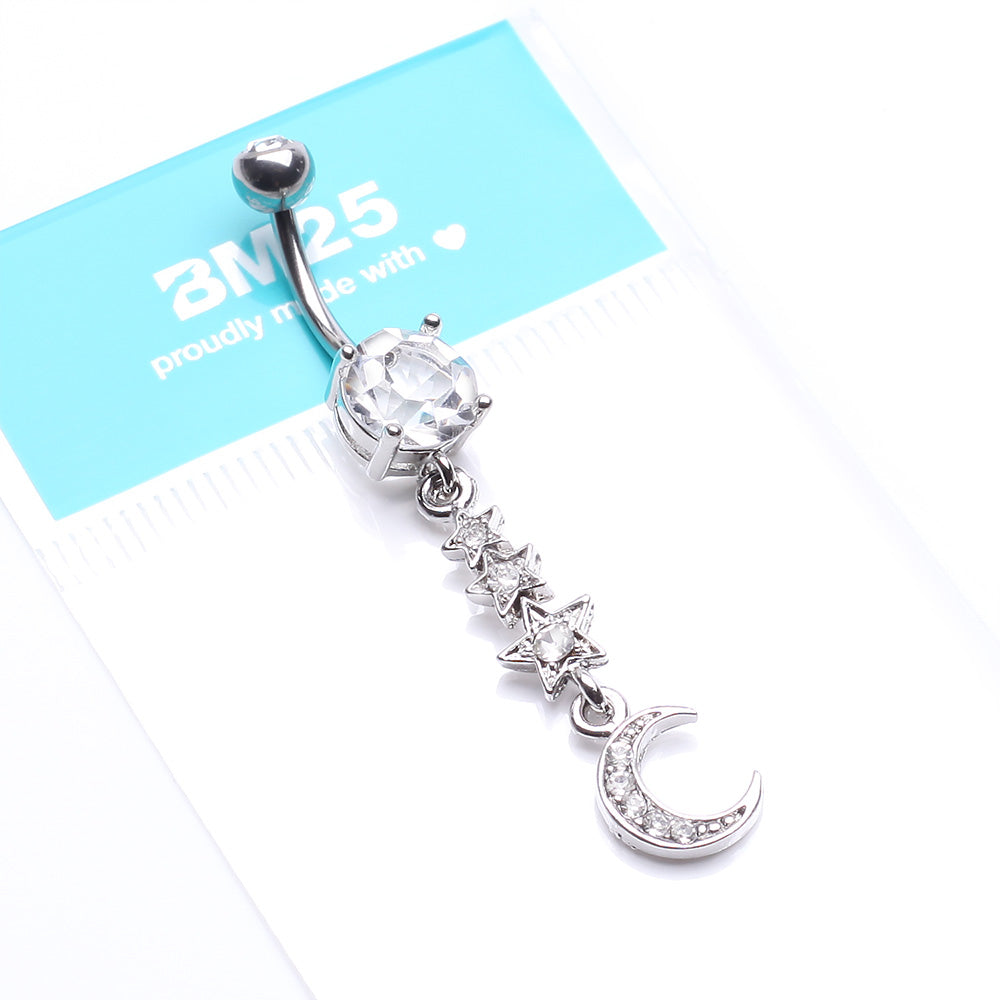 Detail View 4 of Beaming Stars and Moon Belly Button Ring-Clear Gem