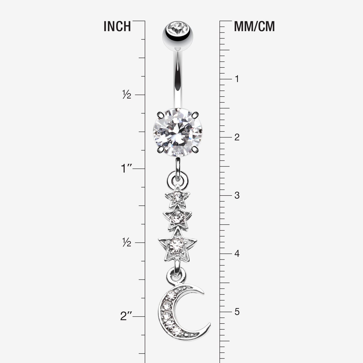 Detail View 1 of Beaming Stars and Moon Belly Button Ring-Clear Gem