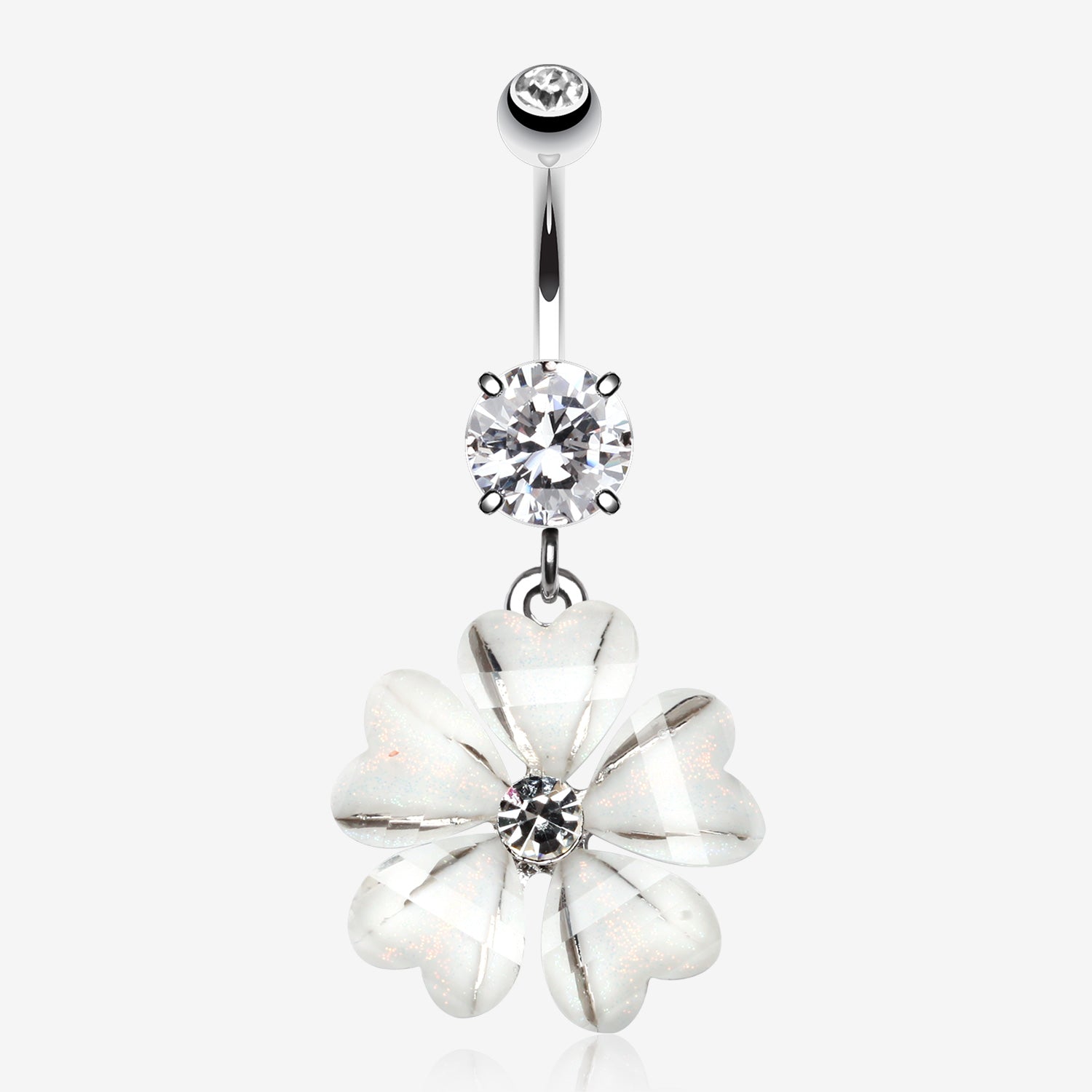 Shimmering Flower Heart Petal Sparkle Dangle Belly Ring-Clear Gem
