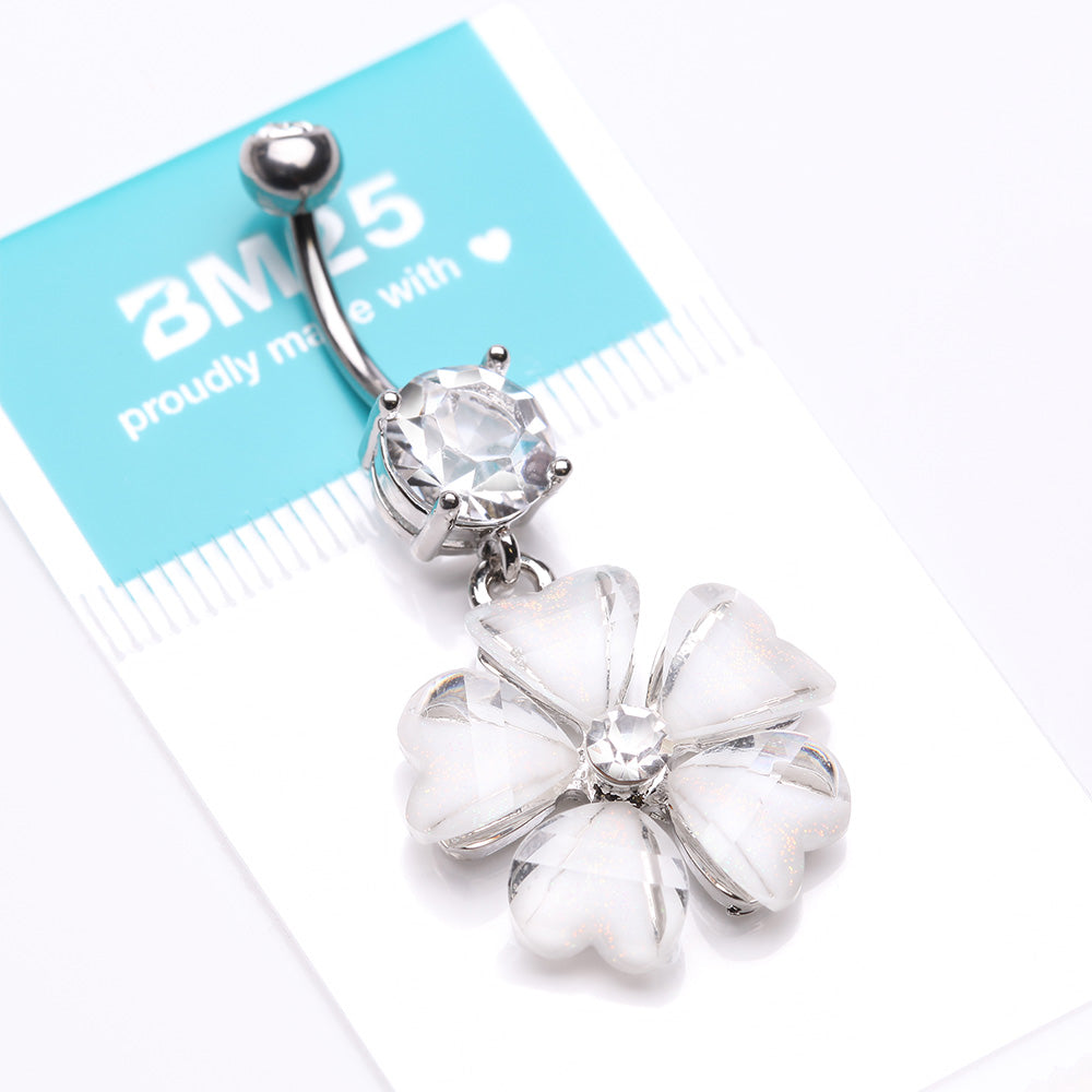 Detail View 4 of Shimmering Flower Heart Petal Sparkle Dangle Belly Ring-Clear Gem