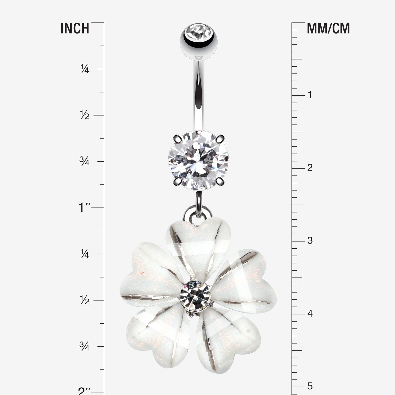 Detail View 1 of Shimmering Flower Heart Petal Sparkle Dangle Belly Ring-Clear Gem