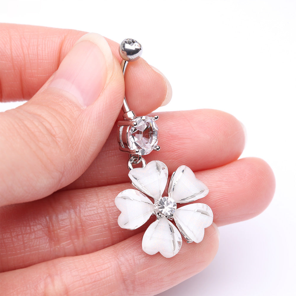 Detail View 3 of Shimmering Flower Heart Petal Sparkle Dangle Belly Ring-Clear Gem