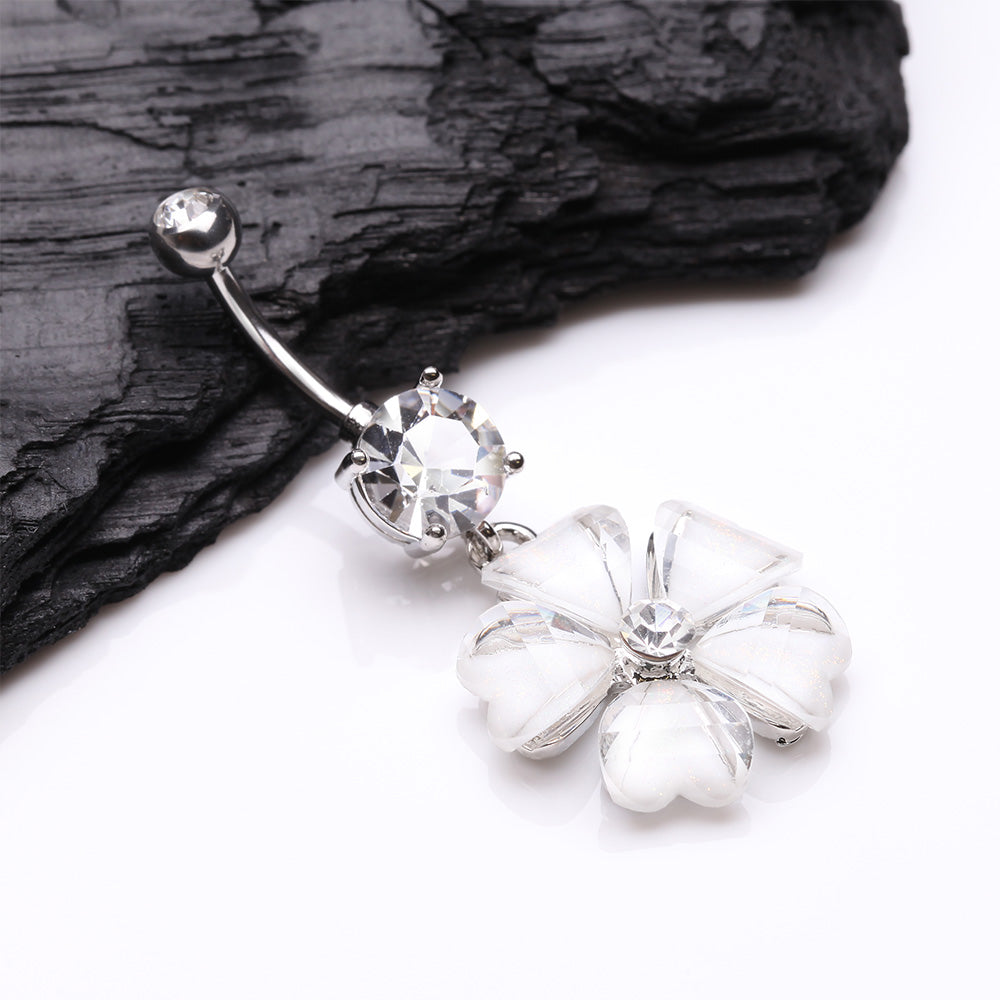 Detail View 2 of Shimmering Flower Heart Petal Sparkle Dangle Belly Ring-Clear Gem