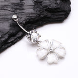 Detail View 2 of Shimmering Flower Heart Petal Sparkle Dangle Belly Ring-Clear Gem