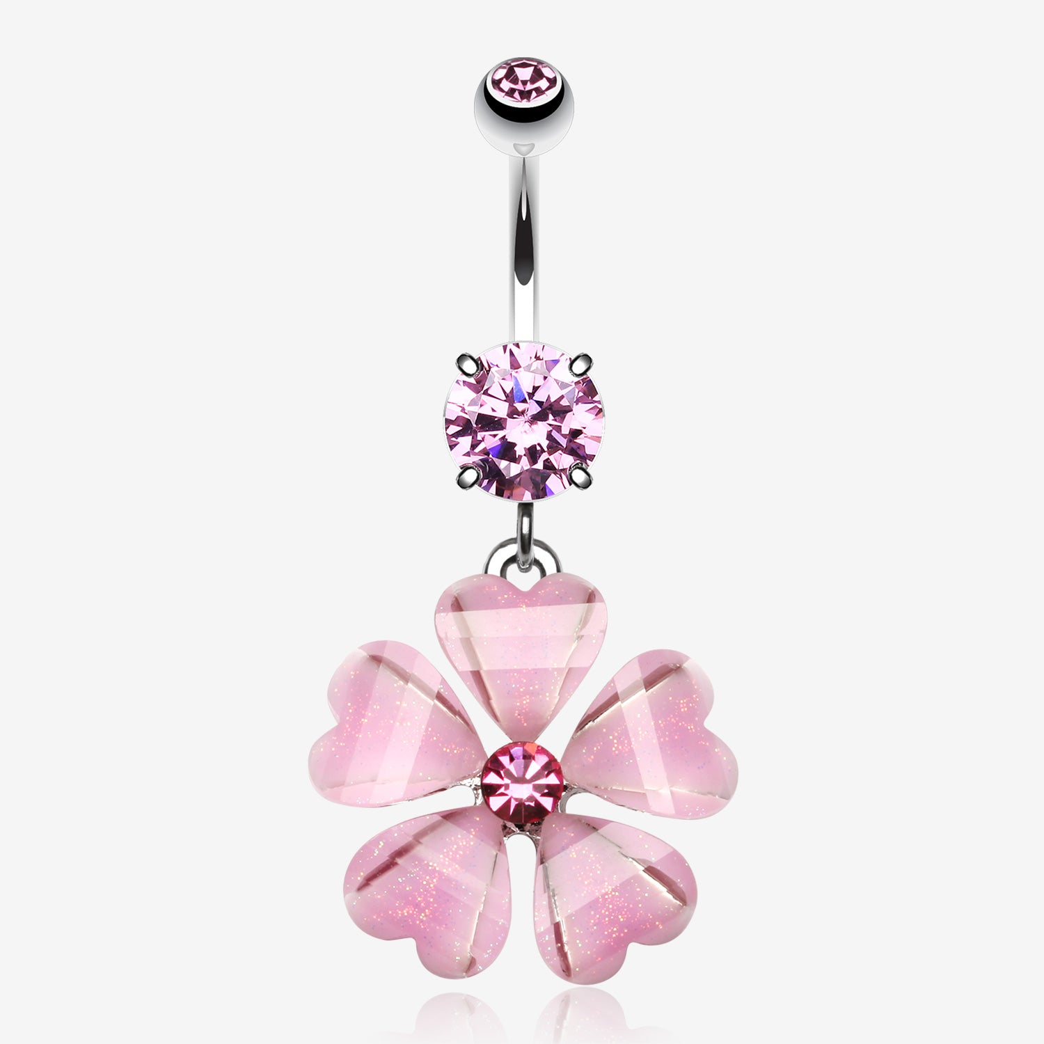 Shimmering Flower Heart Petal Sparkle Dangle Belly Ring-Pink