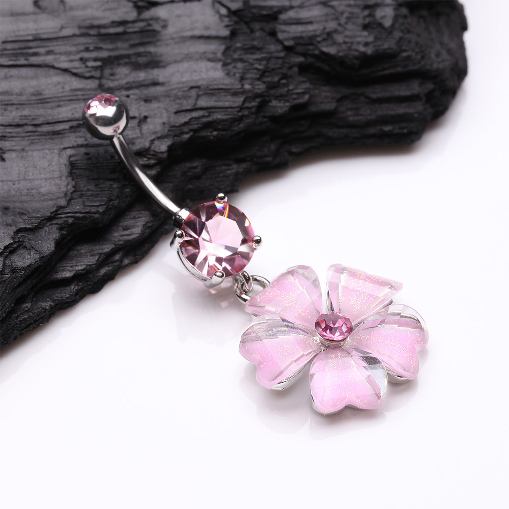Detail View 2 of Shimmering Flower Heart Petal Sparkle Dangle Belly Ring-Pink