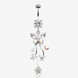 Butterfly Flower Garden Dangle Sparkle Belly Button Ring-Aurora Borealis/Clear Gem
